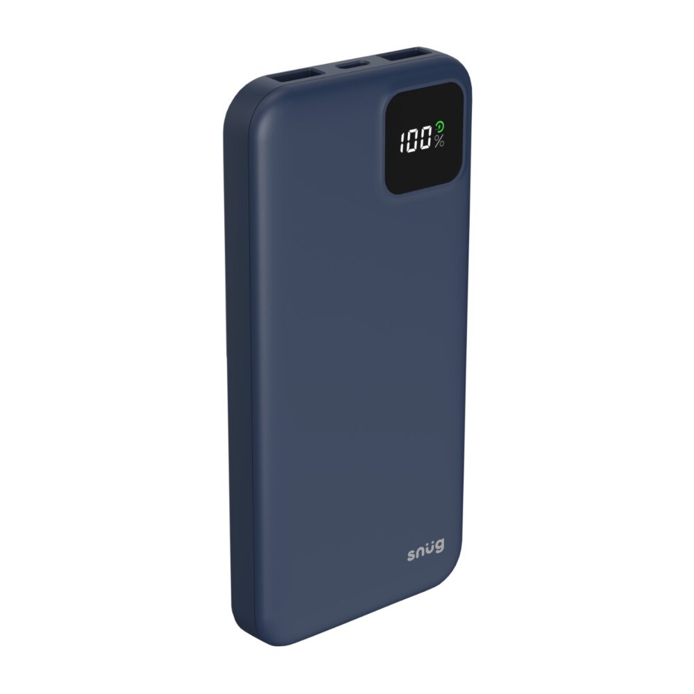 Angled front perspective 2 of Snug 10000mAh portable charger in blue, showcasing digital display and sleek design