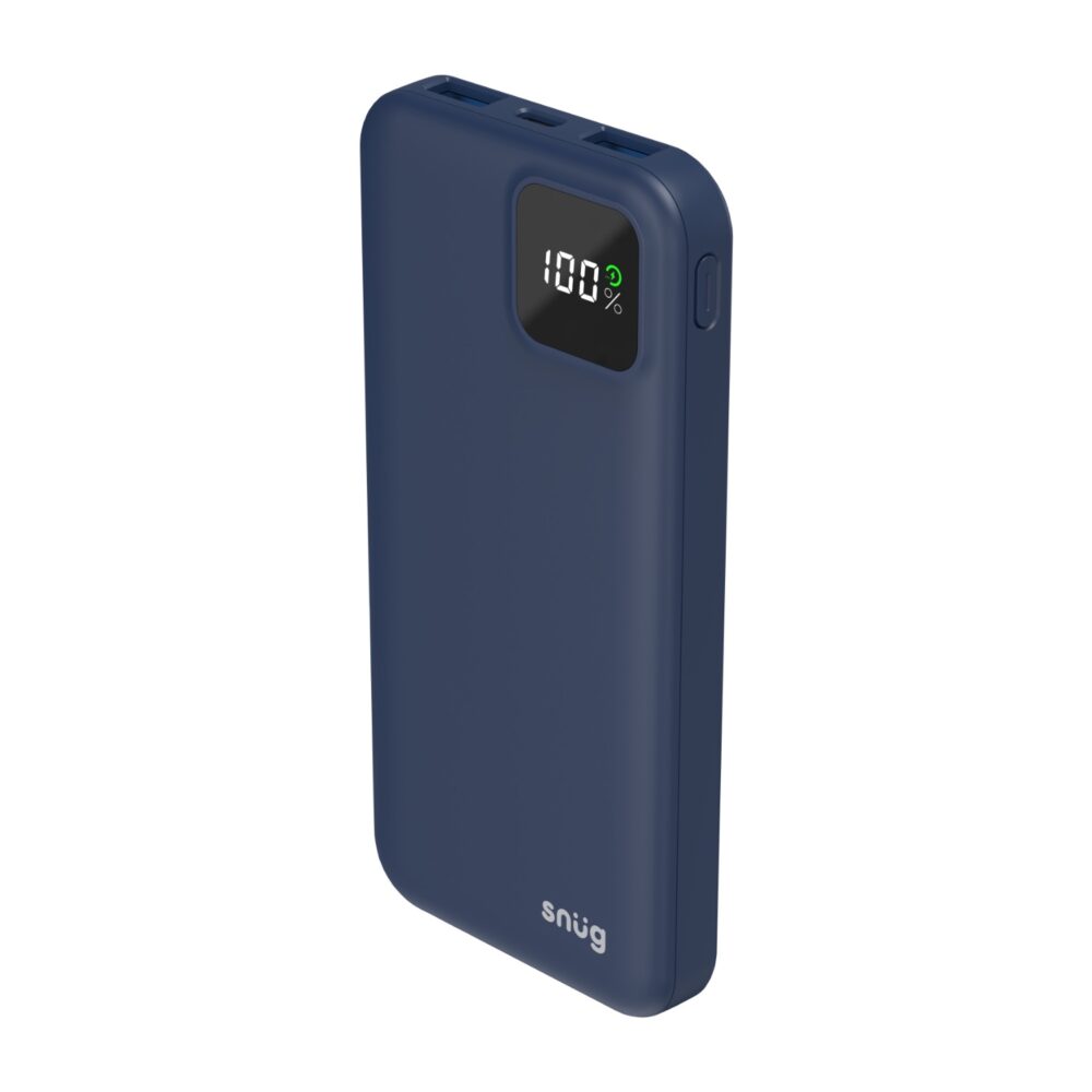 Angled front perspective 1 of Snug 10000mAh portable charger in blue, showcasing digital display and sleek design