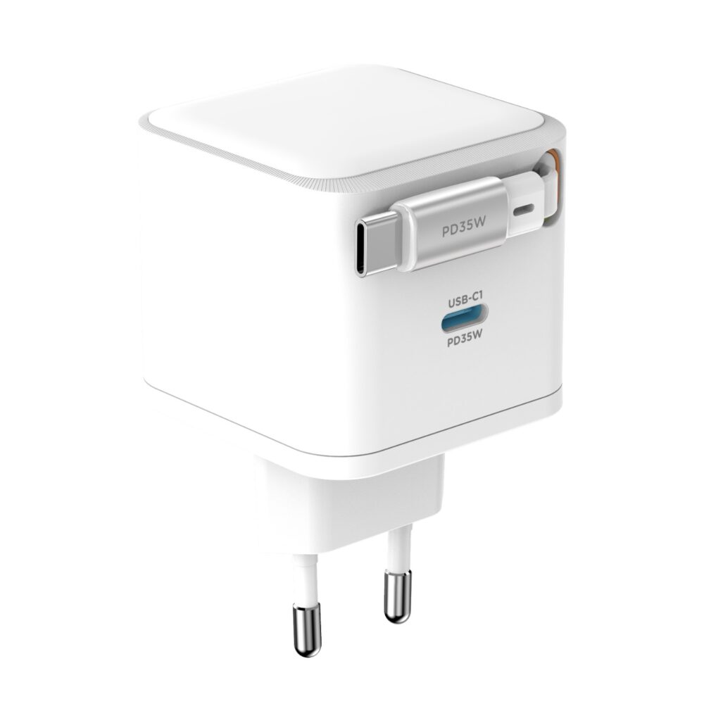 35W Snug PD Wall Charger with Retractable Type-C Cable – 1-Port White