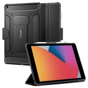 Suit up like a pro. This black Rugged Armor Spigen Pro Case is ready to take on your new iPad 2021 / iPad 2019 / iPad 2020.