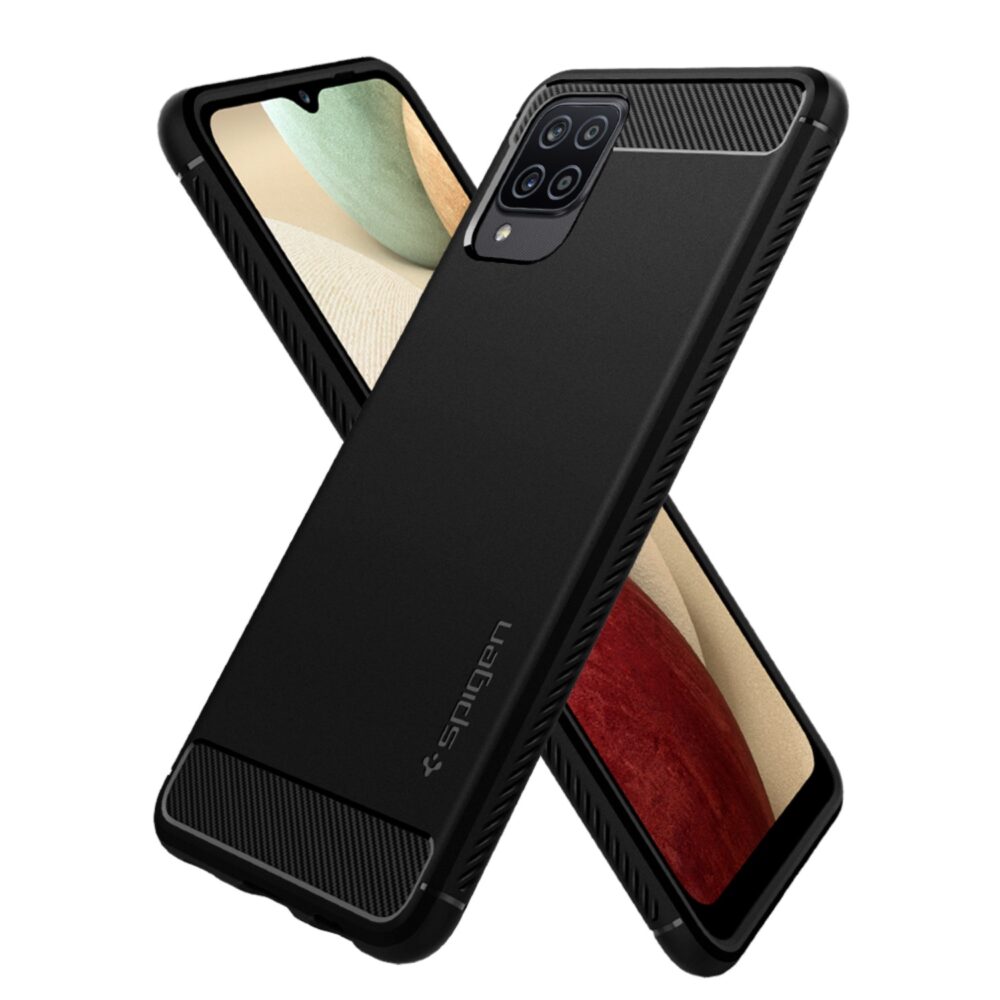 A Samsung Galaxy A12 Black Spigen Rugged Armor Cell Phone Back Cover for your Mobile Device Protection