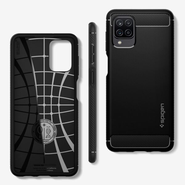 A Samsung Galaxy A12 Spigen Rugged Armor Black Cell Phone Back Cover for your Mobile Device Protection