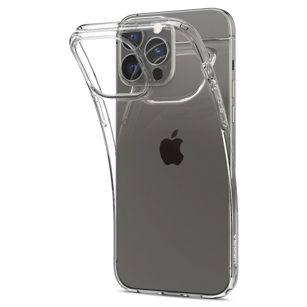 An Apple iPhone 13 Pro Spigen Crystal Flex Clear Cell Phone Back Cover for Mobile Device Protection
