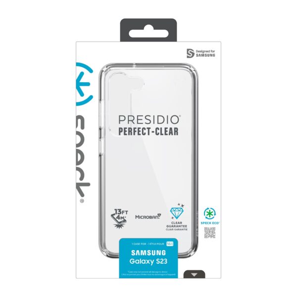 This Samsung Galaxy s23 speck presidio perfect clear backcover phone case has Perfect-Clear coating that resists discoloration. It also has anti-yellowing materials keeping your case looking perfectly-clear. For sale at GotyYouCovered