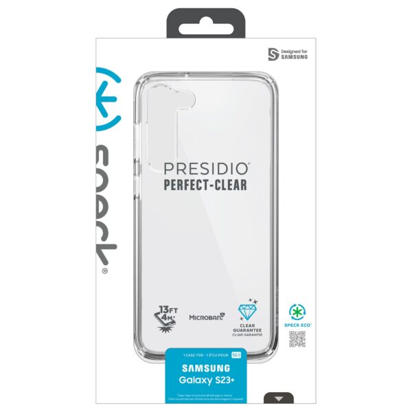 This Samsung Galaxy s23+ speck presidio perfect clear backcover phone case has Perfect-Clear coating that resists discoloration. It also has anti-yellowing materials keeping your case looking perfectly-clear. For sale at GotyYouCovered