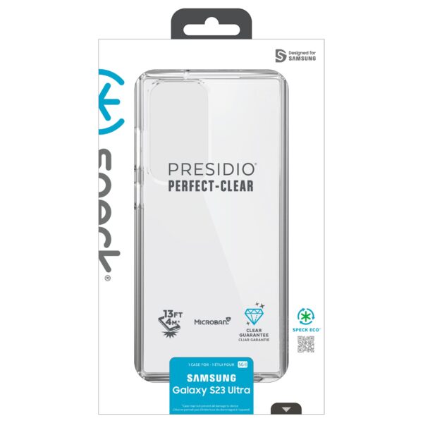 This Samsung Galaxy s23 Ultra speck presidio perfect clear backcover phone case has Perfect-Clear coating that resists discoloration. It also has anti-yellowing materials keeping your case looking perfectly-clear. For sale at GotyYouCovered
