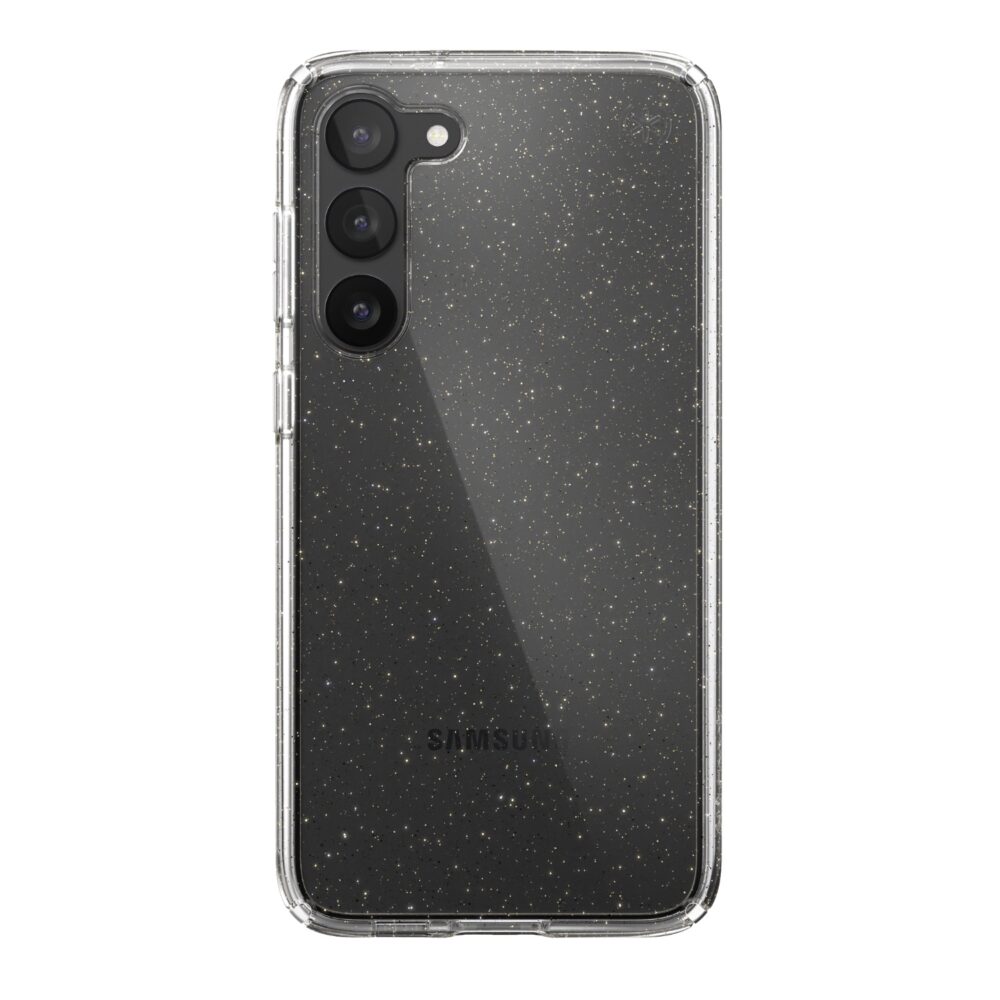 New materials in the Samsung S23 Plus Speck Perfect Clear Glitter Phone Case keep your case perfectly clear for longer while providing more durability.