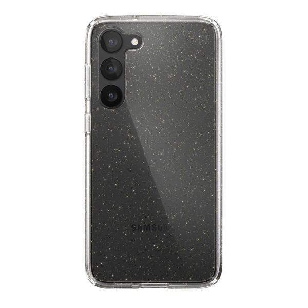 New materials in the Samsung S23 Plus Speck Perfect Clear Glitter Phone Case keep your case perfectly clear for longer while providing more durability.