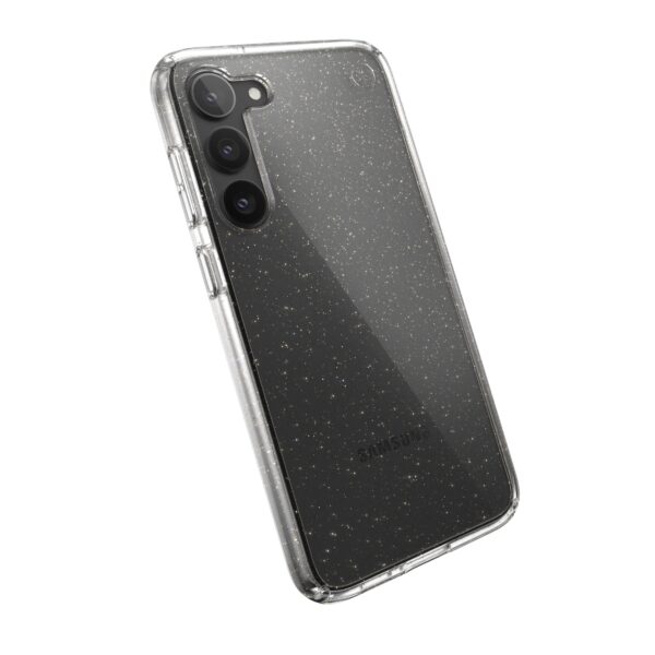 The Samsung Galaxy S23 Plus Speck Perfect Clear Glitter Cell Phone Case Features clear impact technology and MicrobanÂ® antimicrobial product protection.