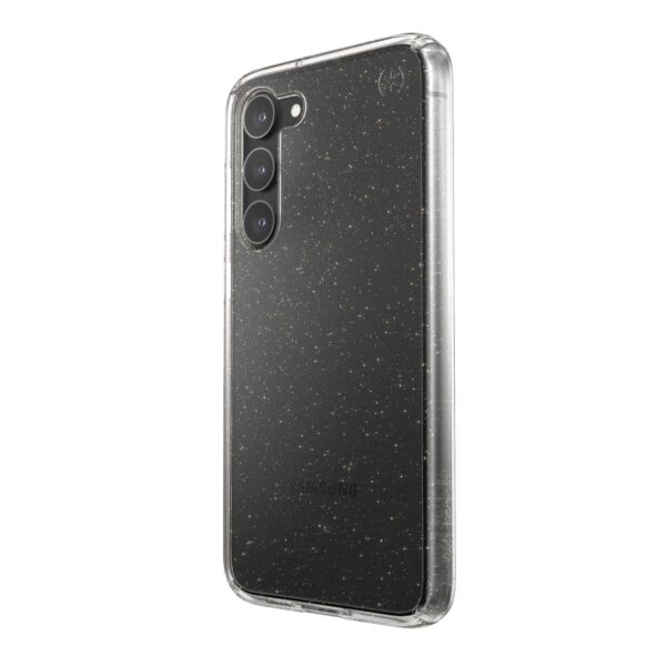 The slim design of this Samsung S23 Plus Perfect Clear Glitter Case allows for easy wireless charging.