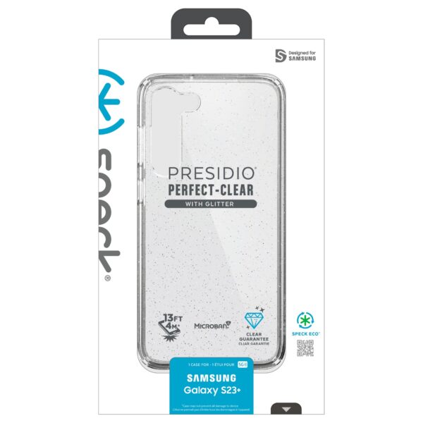 This Speck Perfect Clear Glitter Phone Case has a Raised bezel for screen protection.