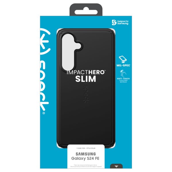 Slim and rugged Samsung Galaxy S24 FE Black Speck IMPACTHERO Slim Cell Phone Cover sold here at GotYouCovered.co.za