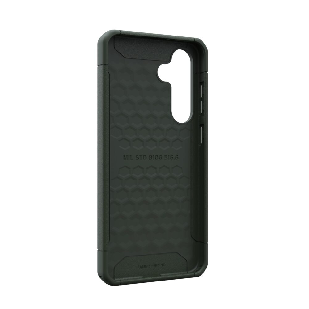 Front and back views of the Samsung Galaxy S24 FE UAG Scout cover in olive drab, showcasing its rugged design.