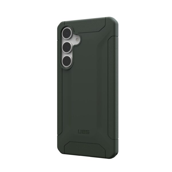 Close-up of the UAG Scout phone cover texture in olive drab for Samsung Galaxy S24 FE.