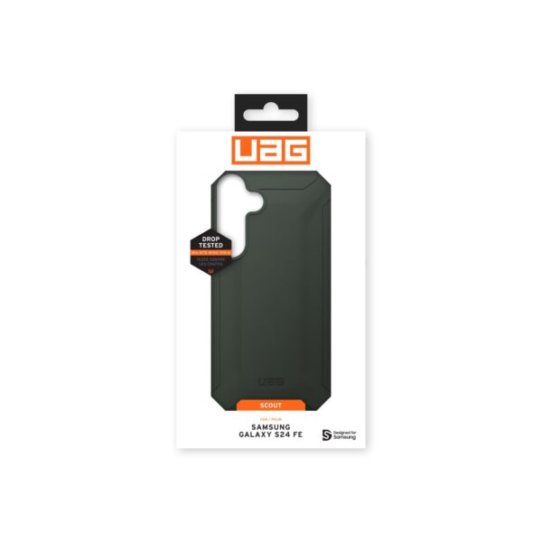 UAG Scout case in olive drab for Samsung Galaxy S24 FE demonstrating drop protection.