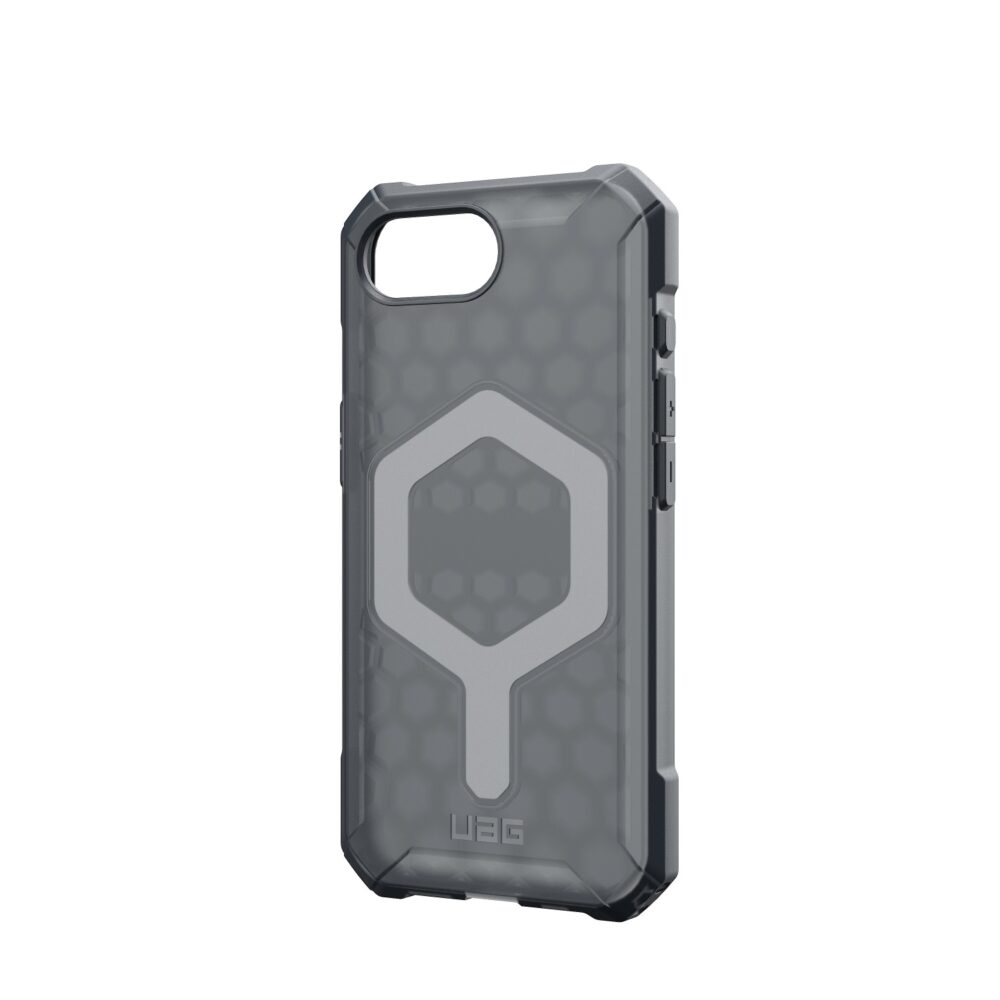 Angled view of the UAG Essential Armor MagSafe Cover for Apple iPhone 16e in ash color