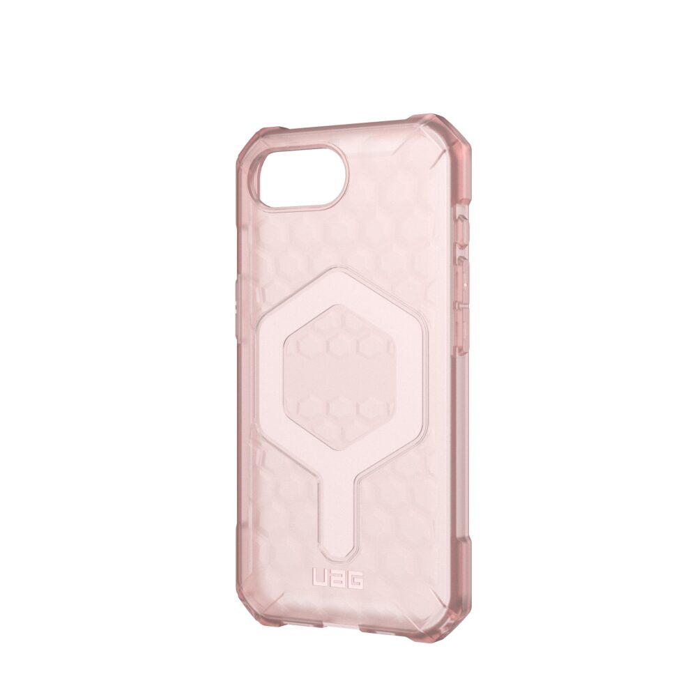 Close-up of the side grip texture on the rose UAG case for Apple iPhone 16e