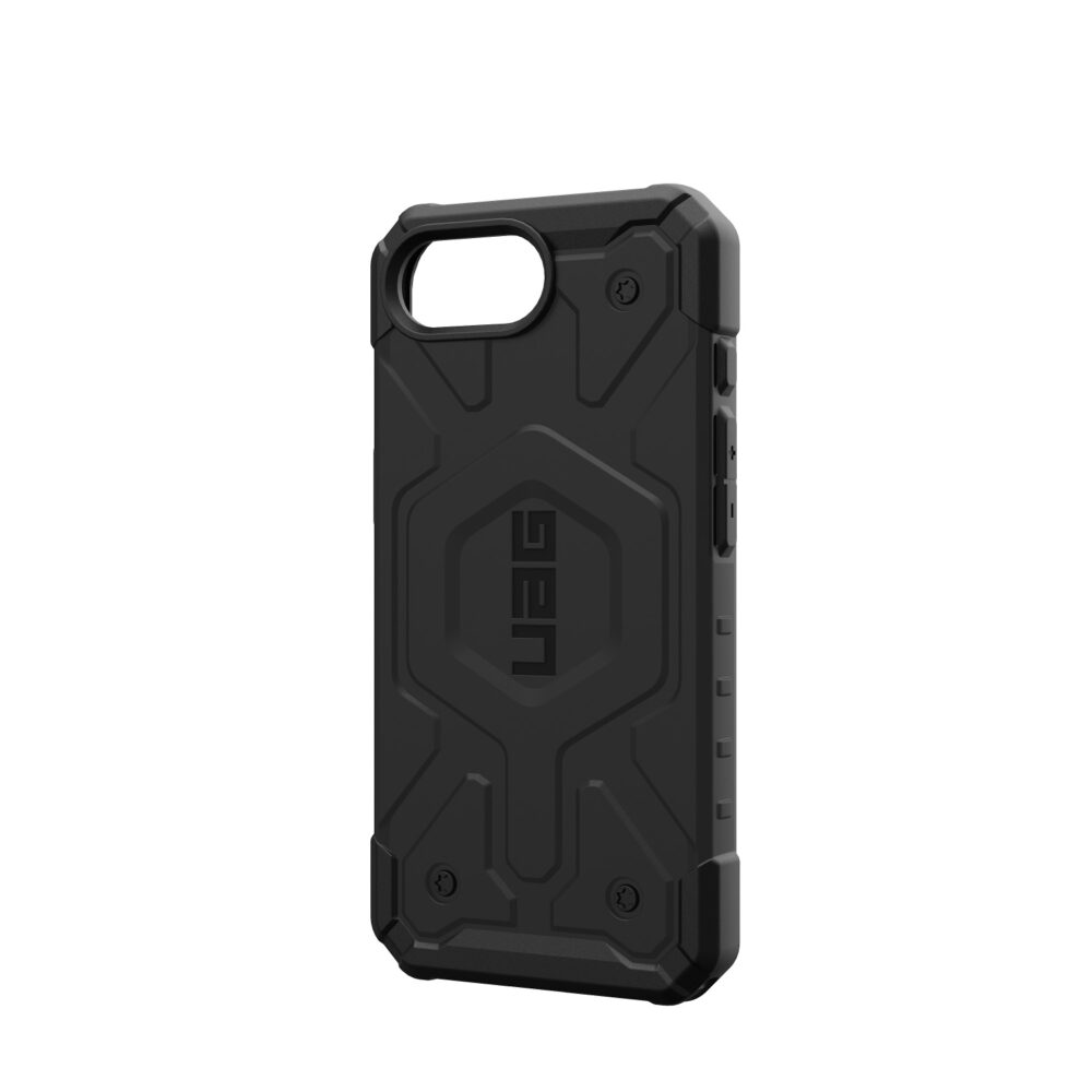 Close-up of the grippy side texture on the UAG Pathfinder case for iPhone 16e in black