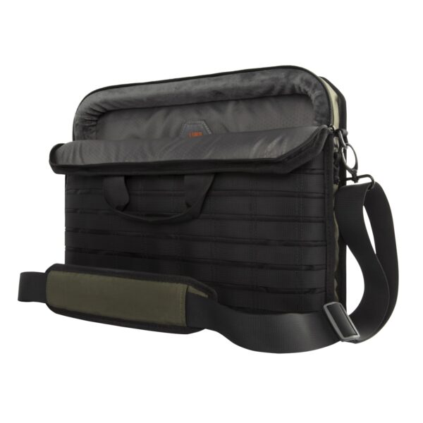 Olive UAG Slim Brief 16 Inch Bag worn with a detachable shoulder strap for hands-free carrying.