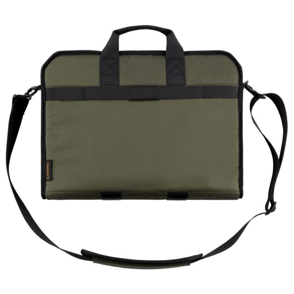 Back view of the Olive UAG Slim Brief 16 Inch Bag, showcasing its accessory pocket and sleek design.