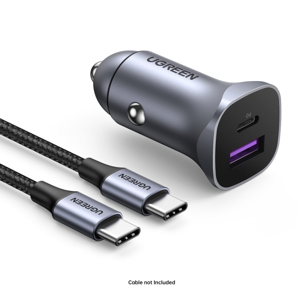 Introducing the Grey UGREEN 30W 2 Port PD Fast Charge Car Charger Charging Adapter, your perfect companion on the move.
