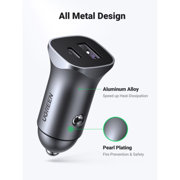 This Grey UGREEN 30W 2 Port PD Fast Charge Car Charger Charging Adapter supports PD3.0 and QC 3.0 for lightning-fast charging.