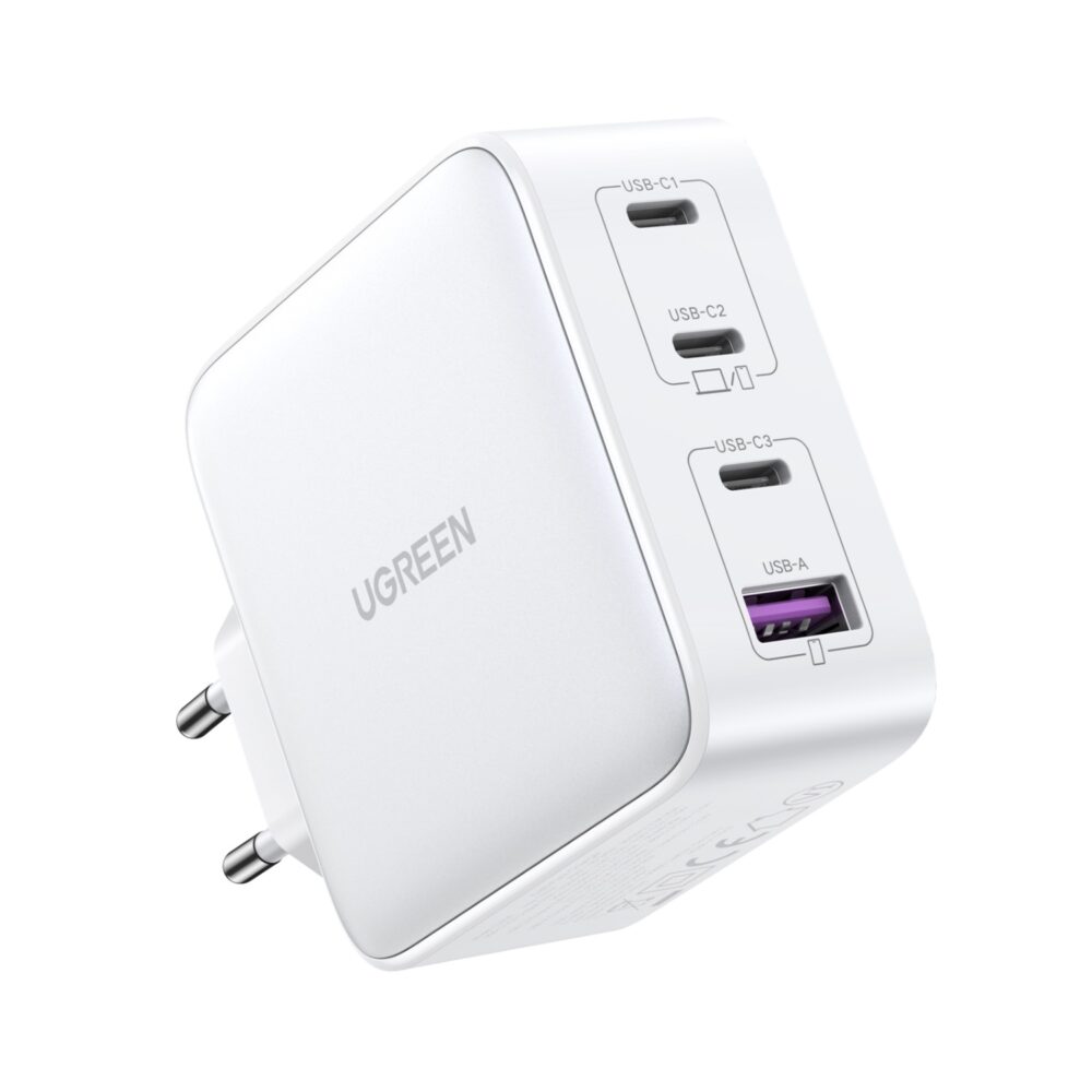 The White UGREEN 100W GaN Charger 4 Port PD Fast Charge Wall Adapter has an advanced Type-C port featuring Power Delivery 3.0. Experience turbo-charged speeds for your PD-compatible devices.