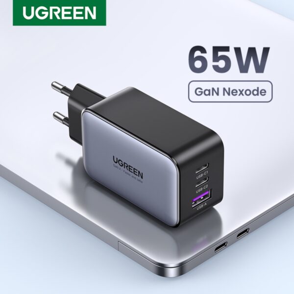 This Black UGREEN 65W GaN Charger 3 Port PD Fast Charge Wall Adapter can charge your compatible device from 0% to 51% in just 30 minutes.