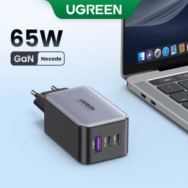 3 Port Black UGREEN 65W GaN Charger PD Fast Charge Wall Adapter - GaN technology - more efficient, less heat and smaller.