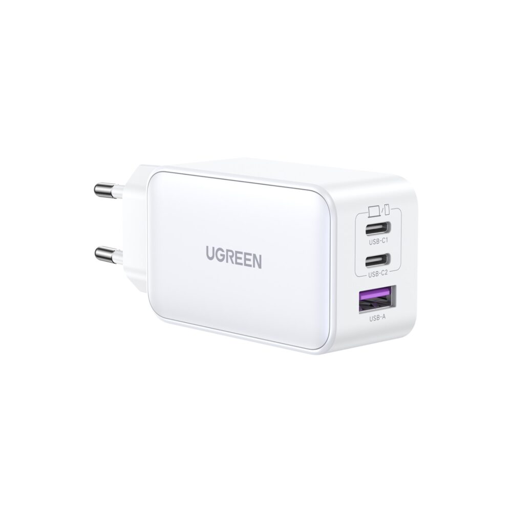 This White UGREEN 65W GaN Charger 3 Port PD Fast Charge Wall Adapter features the Type-C port with Power Delivery 3.0.
