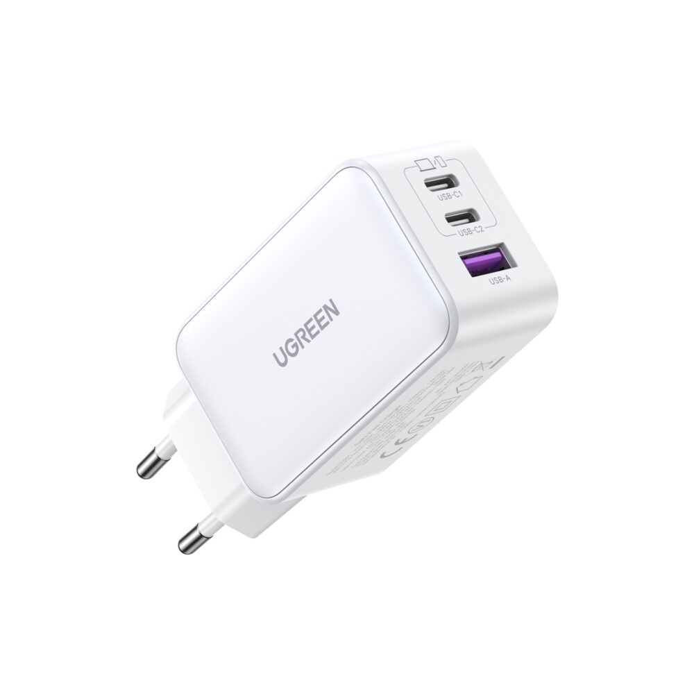 This White UGREEN 65W GaN Charger 3 Port PD Fast Charge Wall Adapter can fast charge your PD compatible devices.