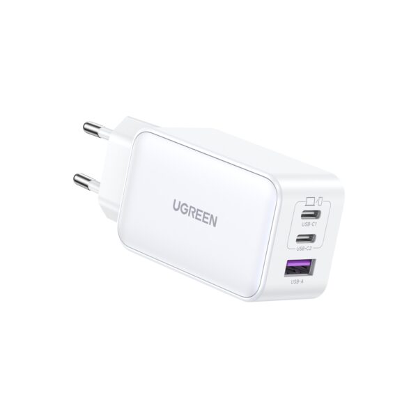 This White UGREEN 65W GaN Charger 3 Port PD Fast Charge Wall Adapter can charge your compatible device from 0% to 51% in just 30 minutes.