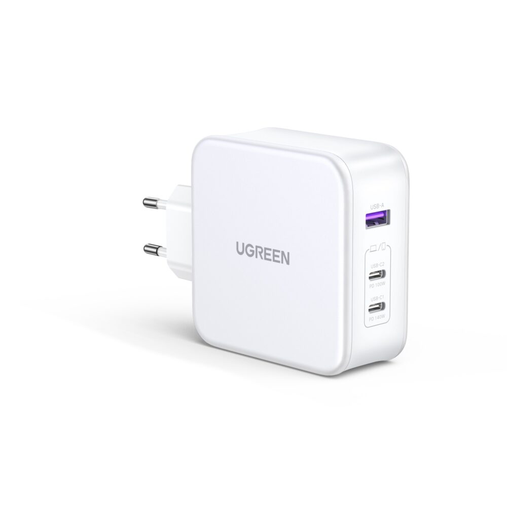 Introducing the White UGREEN 140W GaN Charger 3 Port PD Fast Charge Wall Adapter Compatible with iPhones, laptops, tablets, smartphones, and smartwatches, it fuels your devices efficiently.