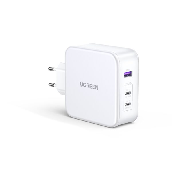 Introducing the White UGREEN 140W GaN Charger 3 Port PD Fast Charge Wall Adapter Compatible with iPhones, laptops, tablets, smartphones, and smartwatches, it fuels your devices efficiently.