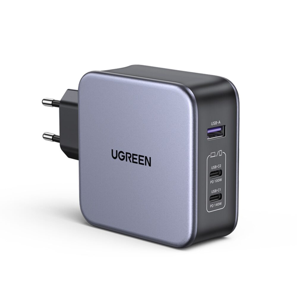 Introducing the Grey UGREEN 140W GaN Charger 3 Port PD Fast Charge Wall Adapter, a powerhouse of versatility and speed.