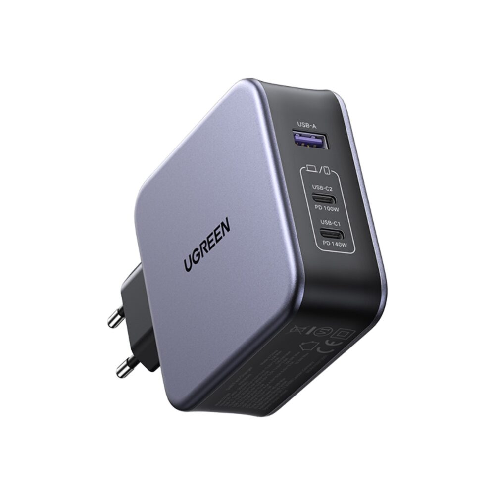 Introducing the Grey UGREEN 140W GaN Charger 3 Port PD Fast Charge Wall Adapter Compatible with iPhones, laptops, tablets, smartphones, and smartwatches, it fuels your devices efficiently.