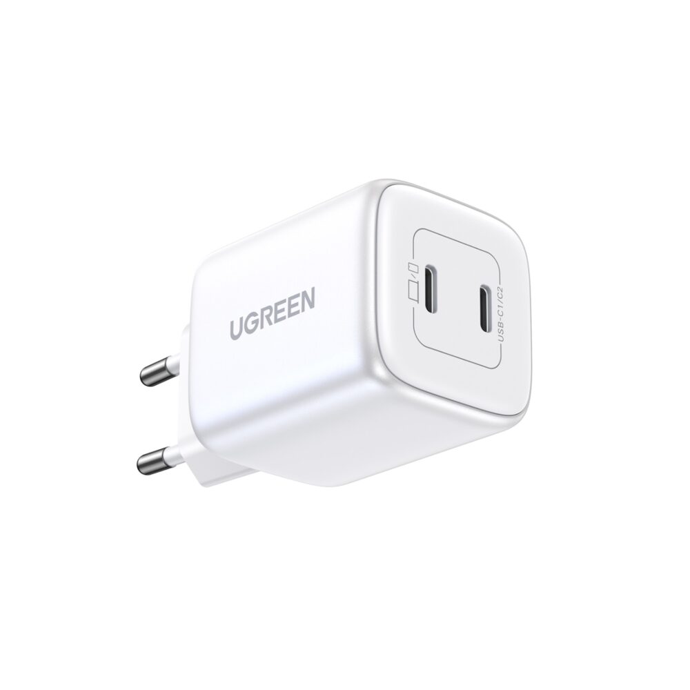 Harnessing GaN technology, this White UGREEN 45W GaN Charger 2 Port PD Fast Charge Wall Adapter embodies efficiency, compactness, and reduced heat.