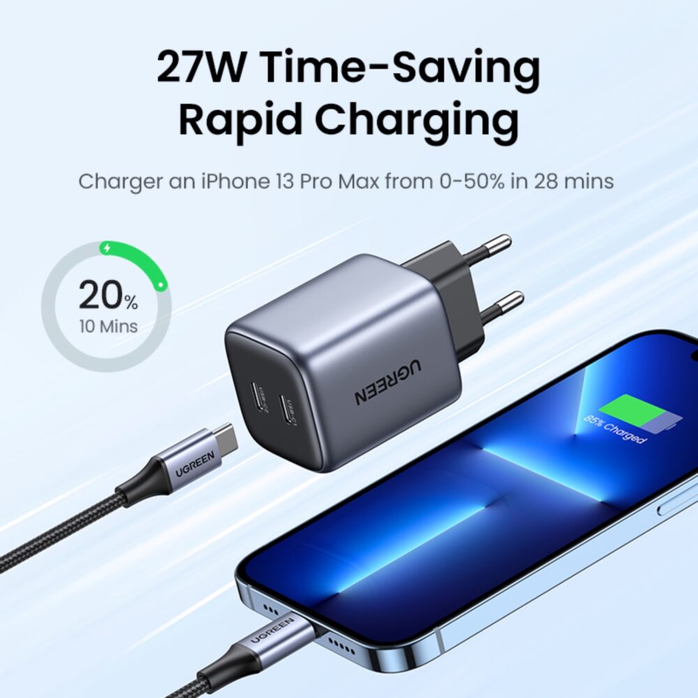 Harnessing GaN technology, this Black UGREEN 45W GaN Charger 2 Port PD Fast Charge Wall Adapter embodies efficiency, compactness, and reduced heat.