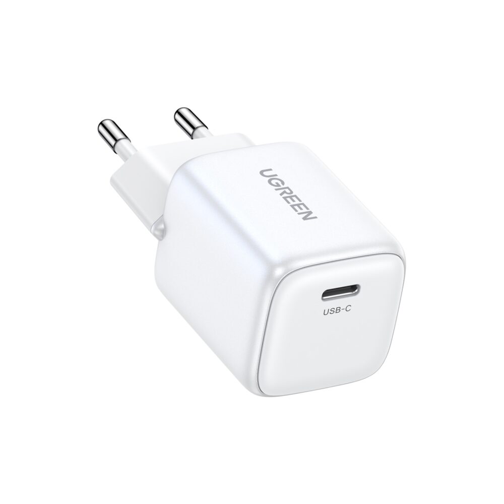 This White UGREEN 20W GaN Charger 1 Port PD Fast Charge Wall Adapter Featurs a Type-C port with Power Delivery 3.0. It rapidly charges your PD-compatible devices.