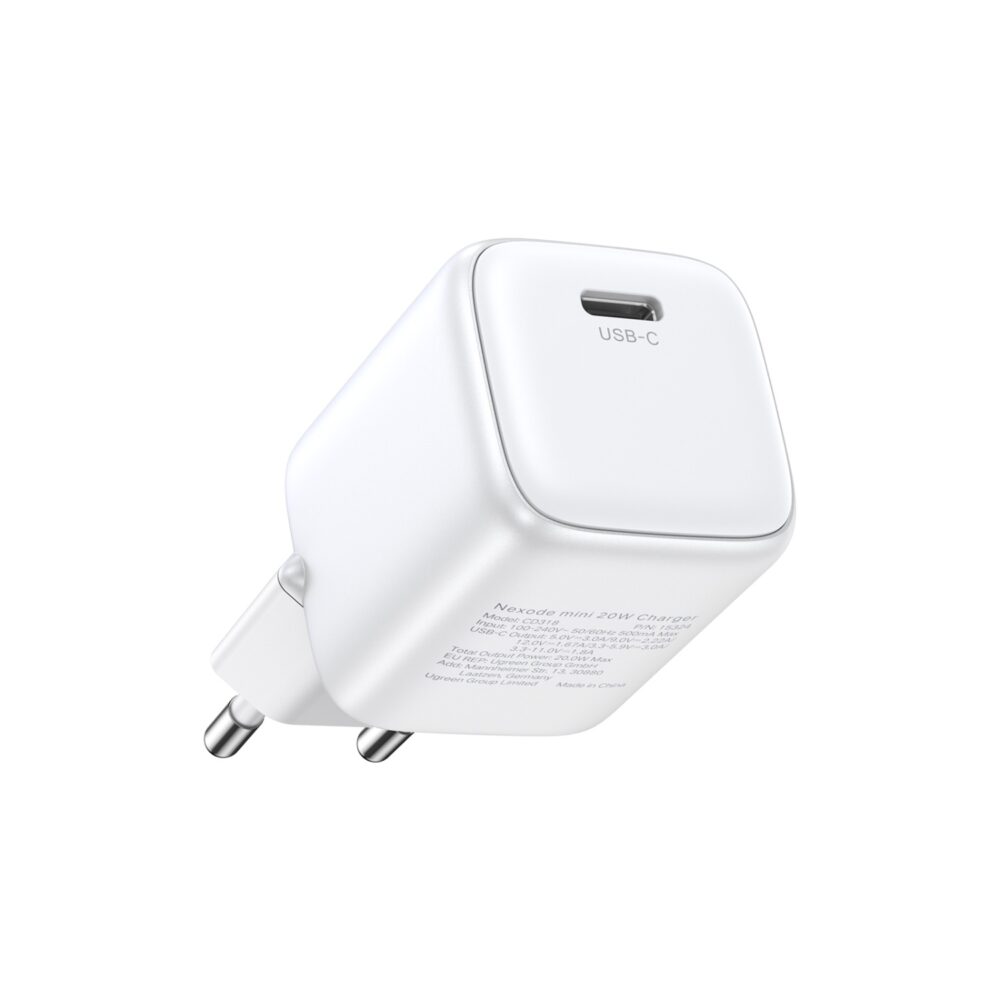 This White UGREEN 30W GaN Charger 1 Port PD Fast Charge Wall Adapter is equipped with a Type-C port featuring Power Delivery 3.0. It empowers fast charging for your PD-compatible devices.