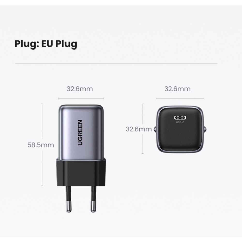 This Black UGREEN 30W GaN Charger 1 Port PD Fast Charge Wall Adapter is equipped with a Type-C port featuring Power Delivery 3.0. It empowers fast charging for your PD-compatible devices.