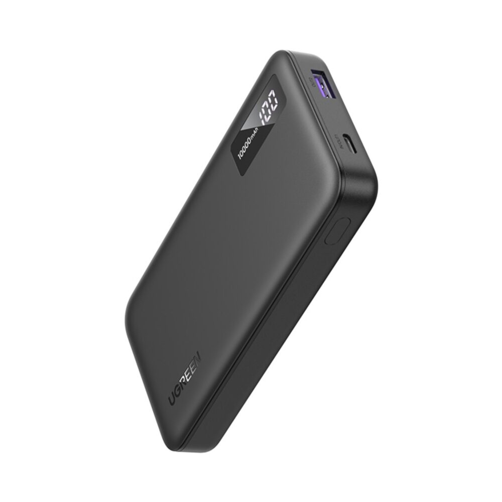 Tilted angle of ugreen power bank 10000mAh with PD and QC output ports. A powerful and portable charging solution with 20W fast charge support.