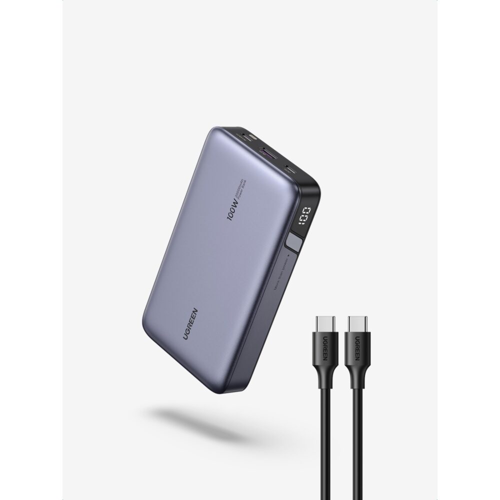 Tilted view of ugreen power bank 20000mAh with USB-C PD and USB-A ports. A high-speed pd fast charger with airline-approved compact design.