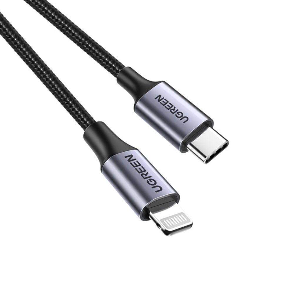 Black UGREEN Type-C to Lightning braided MFI fast charge cable, 1 meter length