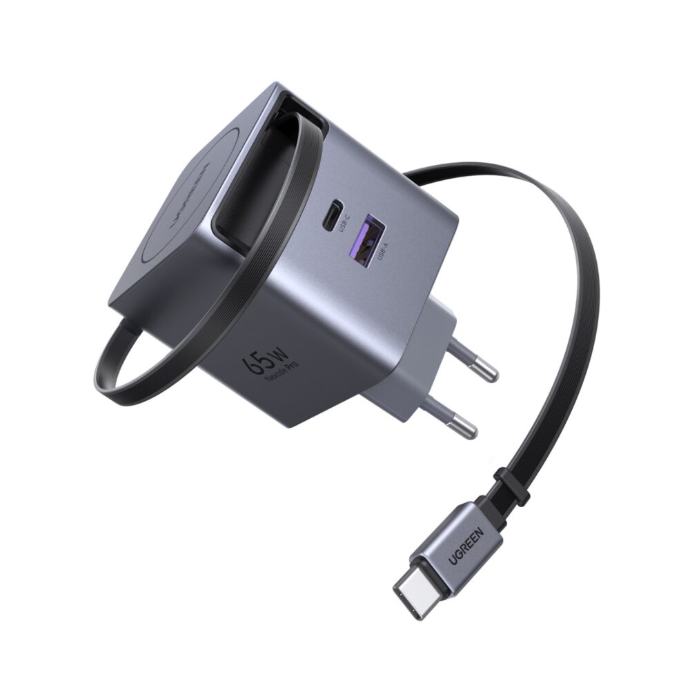 65W UGREEN Wall Charger With Retractable USB C Cable - 2 Port Grey