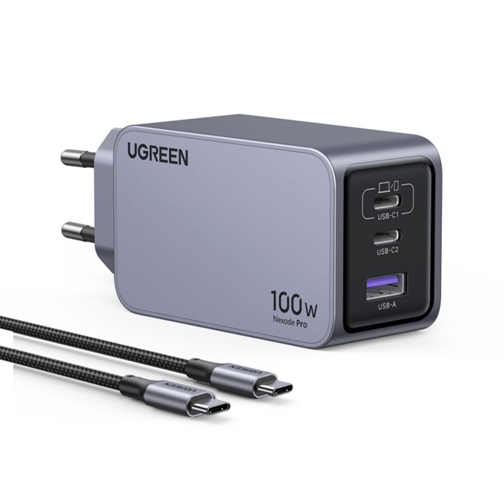 100W UGREEN Wall Charger With USB C to USB C Cable - 3 Port Grey