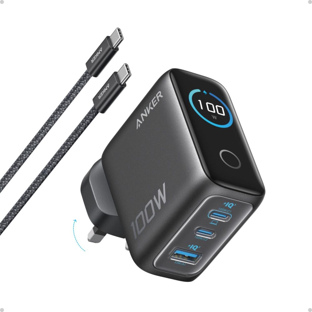 Grey Anker 100W GaN wall charger with a power display, two USB-C ports, one USB-A port and a braided USB-C cable