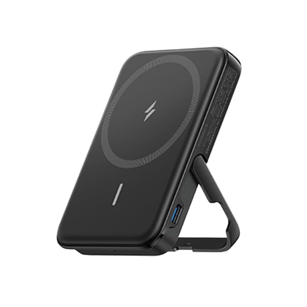 Black Anker 322 MagGo 5000mAh magnetic power bank angled with its foldable stand open and charging ring visible