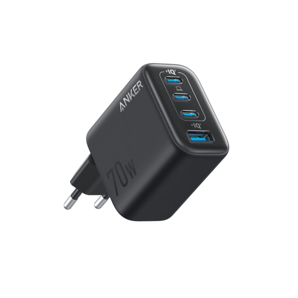 Black Anker Zolo 70W GaN wall charger shown at an angle with three USB-C ports and one USB-A port visible