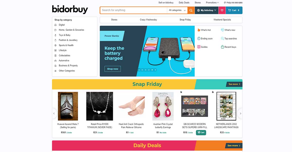 bidorbuy marketplace and auction landing page.
